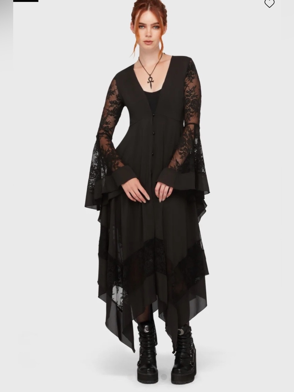 Killstar Black Lace-Sleeve Handkerchief Hem Dress